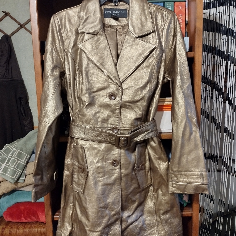 Women's leather gold metallic trench coat